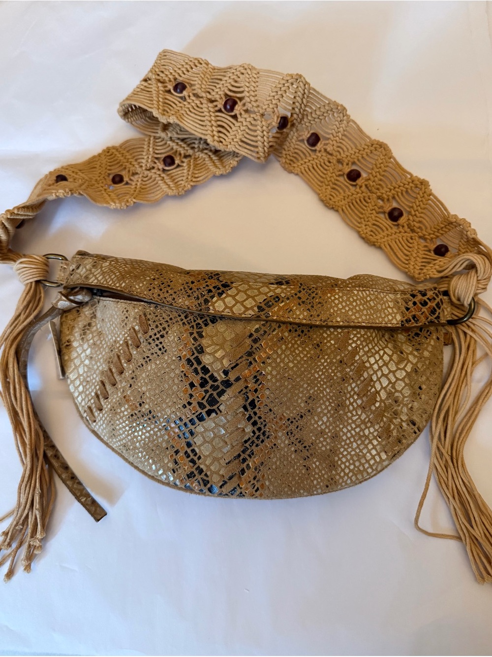 Free People Tan Snake-Print Crossbody with Woven Strap
